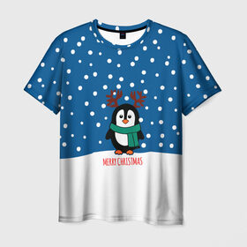 Мужская футболка 3D с принтом Праздничный пингвинчик в Петрозаводске, 100% полиэфир | прямой крой, круглый вырез горловины, длина до линии бедер | christmas | deer | new | pinguin | snow | snowflakes | winter | xmas | year | год | зима | новый | олень | пингвин | рождество | снег | снежинки