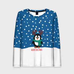 Женский лонгслив 3D с принтом Праздничный пингвинчик в Петрозаводске, 100% полиэстер | длинные рукава, круглый вырез горловины, полуприлегающий силуэт | christmas | deer | new | pinguin | snow | snowflakes | winter | xmas | year | год | зима | новый | олень | пингвин | рождество | снег | снежинки