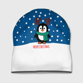 Шапка 3D с принтом Праздничный пингвинчик в Петрозаводске, 100% полиэстер | универсальный размер, печать по всей поверхности изделия | christmas | deer | new | pinguin | snow | snowflakes | winter | xmas | year | год | зима | новый | олень | пингвин | рождество | снег | снежинки