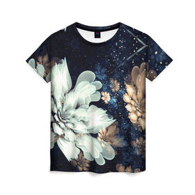Женская футболка 3D с принтом Космические цветы в Петрозаводске, 100% полиэфир ( синтетическое хлопкоподобное полотно) | прямой крой, круглый вырез горловины, длина до линии бедер | белый | звезды | космос | цветок | цветы