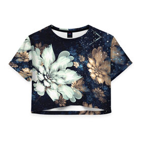 Женская футболка Cropp-top с принтом Космические цветы в Петрозаводске, 100% полиэстер | круглая горловина, длина футболки до линии талии, рукава с отворотами | белый | звезды | космос | цветок | цветы