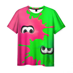 Мужская футболка 3D с принтом Splatoon в Петрозаводске, 100% полиэфир | прямой крой, круглый вырез горловины, длина до линии бедер | Тематика изображения на принте: брызги | глаза | зеленый | игра | краски | розовый | салатовый