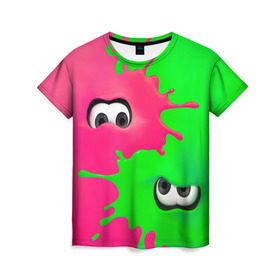 Женская футболка 3D с принтом Splatoon в Петрозаводске, 100% полиэфир ( синтетическое хлопкоподобное полотно) | прямой крой, круглый вырез горловины, длина до линии бедер | брызги | глаза | зеленый | игра | краски | розовый | салатовый