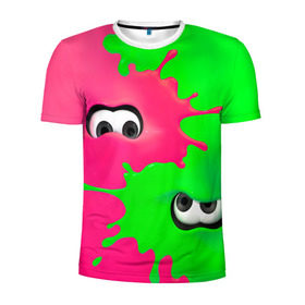 Мужская футболка 3D спортивная с принтом Splatoon в Петрозаводске, 100% полиэстер с улучшенными характеристиками | приталенный силуэт, круглая горловина, широкие плечи, сужается к линии бедра | Тематика изображения на принте: брызги | глаза | зеленый | игра | краски | розовый | салатовый
