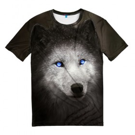 Мужская футболка 3D с принтом Голубоглазый волк в Петрозаводске, 100% полиэфир | прямой крой, круглый вырез горловины, длина до линии бедер | волк | глаза | охотник | серый | хищник