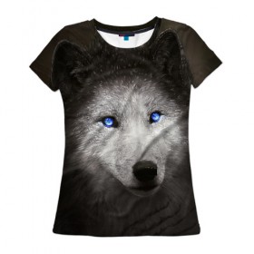 Женская футболка 3D с принтом Голубоглазый волк в Петрозаводске, 100% полиэфир ( синтетическое хлопкоподобное полотно) | прямой крой, круглый вырез горловины, длина до линии бедер | волк | глаза | охотник | серый | хищник