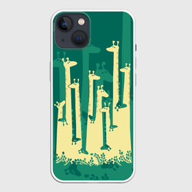 Чехол для iPhone 13 с принтом Жирафы в Петрозаводске,  |  | africa | animals | fantasy | giraffes | long | neck | silhouette | spots | stencil | surrealism | аниме | африка | ветки | длинная | животные | жирафы | зелёный | картинка | крутой | листья | лучший | пятна | растения | рисунок | силуэт