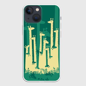 Чехол для iPhone 13 mini с принтом Жирафы в Петрозаводске,  |  | africa | animals | fantasy | giraffes | long | neck | silhouette | spots | stencil | surrealism | аниме | африка | ветки | длинная | животные | жирафы | зелёный | картинка | крутой | листья | лучший | пятна | растения | рисунок | силуэт
