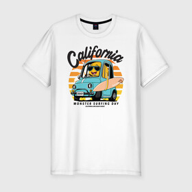 Мужская футболка хлопок Slim с принтом Калифорния в Петрозаводске, 92% хлопок, 8% лайкра | приталенный силуэт, круглый вырез ворота, длина до линии бедра, короткий рукав | california | surfing | авто | калифорния | лето | монстр | серфинг