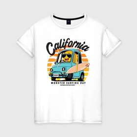 Женская футболка хлопок с принтом Калифорния в Петрозаводске, 100% хлопок | прямой крой, круглый вырез горловины, длина до линии бедер, слегка спущенное плечо | california | surfing | авто | калифорния | лето | монстр | серфинг