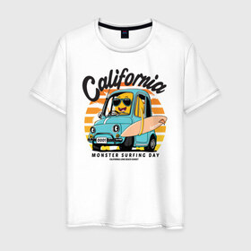 Мужская футболка хлопок с принтом Калифорния в Петрозаводске, 100% хлопок | прямой крой, круглый вырез горловины, длина до линии бедер, слегка спущенное плечо. | california | surfing | авто | калифорния | лето | монстр | серфинг