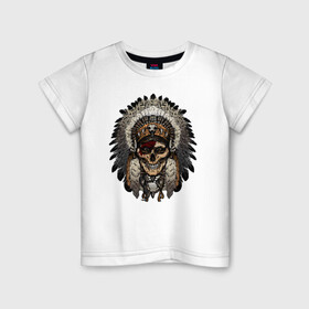 Детская футболка хлопок с принтом Индеец в Петрозаводске, 100% хлопок | круглый вырез горловины, полуприлегающий силуэт, длина до линии бедер | индеец | индейцы | хиппи | череп