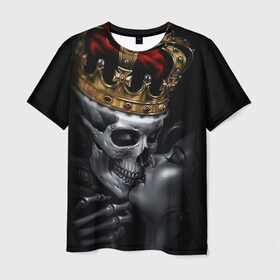 Мужская футболка 3D с принтом Скелет и девушка в Петрозаводске, 100% полиэфир | прямой крой, круглый вырез горловины, длина до линии бедер | девушка | женщина | король | корона | любовь | пара | поцелуй | скелет | череп