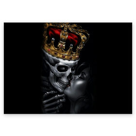 Поздравительная открытка с принтом Скелет и девушка в Петрозаводске, 100% бумага | плотность бумаги 280 г/м2, матовая, на обратной стороне линовка и место для марки
 | девушка | женщина | король | корона | любовь | пара | поцелуй | скелет | череп