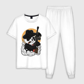 Мужская пижама хлопок с принтом Гангстер Панда в Петрозаводске, 100% хлопок | брюки и футболка прямого кроя, без карманов, на брюках мягкая резинка на поясе и по низу штанин
 | автомат | банда | гангстер | мафия | панда | панды | преступник | томпсон