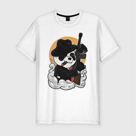Мужская футболка хлопок Slim с принтом Гангстер Панда в Петрозаводске, 92% хлопок, 8% лайкра | приталенный силуэт, круглый вырез ворота, длина до линии бедра, короткий рукав | автомат | банда | гангстер | мафия | панда | панды | преступник | томпсон