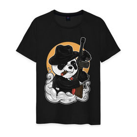 Мужская футболка хлопок с принтом Гангстер Панда в Петрозаводске, 100% хлопок | прямой крой, круглый вырез горловины, длина до линии бедер, слегка спущенное плечо. | автомат | банда | гангстер | мафия | панда | панды | преступник | томпсон