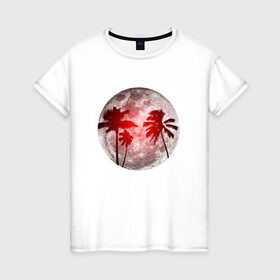 Женская футболка хлопок с принтом Красный закат в тропиках в Петрозаводске, 100% хлопок | прямой крой, круглый вырез горловины, длина до линии бедер, слегка спущенное плечо | закат | лето | луна | ночь | пальмы | тропики
