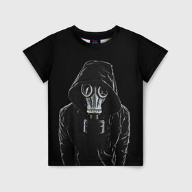 Детская футболка 3D с принтом Противогаз в Петрозаводске, 100% гипоаллергенный полиэфир | прямой крой, круглый вырез горловины, длина до линии бедер, чуть спущенное плечо, ткань немного тянется | Тематика изображения на принте: капюшон | мужчина | противогаз | человек | черный
