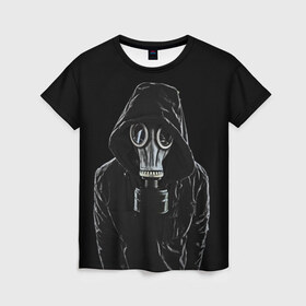 Женская футболка 3D с принтом Противогаз в Петрозаводске, 100% полиэфир ( синтетическое хлопкоподобное полотно) | прямой крой, круглый вырез горловины, длина до линии бедер | капюшон | мужчина | противогаз | человек | черный