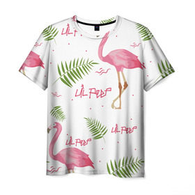 Мужская футболка 3D с принтом Lil Peep pink flamingo в Петрозаводске, 100% полиэфир | прямой крой, круглый вырез горловины, длина до линии бедер | Тематика изображения на принте: benz truck | girls. pink | gustav hr | hip hop | lil | lil peep | peep | rap | лил | лилпип | листья | пальма | пальмы | пип | розовый | рэп | фламинго | хип хоп | эмо | эмо реп