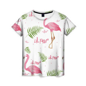 Женская футболка 3D с принтом Lil Peep pink flamingo в Петрозаводске, 100% полиэфир ( синтетическое хлопкоподобное полотно) | прямой крой, круглый вырез горловины, длина до линии бедер | benz truck | girls. pink | gustav hr | hip hop | lil | lil peep | peep | rap | лил | лилпип | листья | пальма | пальмы | пип | розовый | рэп | фламинго | хип хоп | эмо | эмо реп