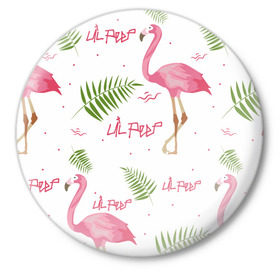 Значок с принтом Lil Peep pink flamingo в Петрозаводске,  металл | круглая форма, металлическая застежка в виде булавки | benz truck | girls. pink | gustav hr | hip hop | lil | lil peep | peep | rap | лил | лилпип | листья | пальма | пальмы | пип | розовый | рэп | фламинго | хип хоп | эмо | эмо реп