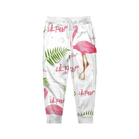 Детские брюки 3D с принтом Lil Peep pink flamingo в Петрозаводске, 100% полиэстер | манжеты по низу, эластичный пояс регулируется шнурком, по бокам два кармана без застежек, внутренняя часть кармана из мелкой сетки | benz truck | girls. pink | gustav hr | hip hop | lil | lil peep | peep | rap | лил | лилпип | листья | пальма | пальмы | пип | розовый | рэп | фламинго | хип хоп | эмо | эмо реп
