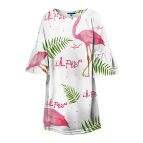 Детское платье 3D с принтом Lil Peep pink flamingo в Петрозаводске, 100% полиэстер | прямой силуэт, чуть расширенный к низу. Круглая горловина, на рукавах — воланы | benz truck | girls. pink | gustav hr | hip hop | lil | lil peep | peep | rap | лил | лилпип | листья | пальма | пальмы | пип | розовый | рэп | фламинго | хип хоп | эмо | эмо реп