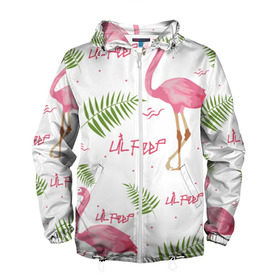 Мужская ветровка 3D с принтом Lil Peep pink flamingo в Петрозаводске, 100% полиэстер | подол и капюшон оформлены резинкой с фиксаторами, два кармана без застежек по бокам, один потайной карман на груди | benz truck | girls. pink | gustav hr | hip hop | lil | lil peep | peep | rap | лил | лилпип | листья | пальма | пальмы | пип | розовый | рэп | фламинго | хип хоп | эмо | эмо реп