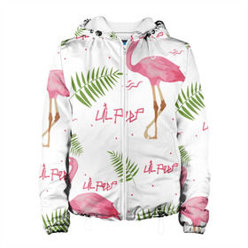 Женская куртка 3D с принтом Lil Peep pink flamingo в Петрозаводске, ткань верха — 100% полиэстер, подклад — флис | прямой крой, подол и капюшон оформлены резинкой с фиксаторами, два кармана без застежек по бокам, один большой потайной карман на груди. Карман на груди застегивается на липучку | benz truck | girls. pink | gustav hr | hip hop | lil | lil peep | peep | rap | лил | лилпип | листья | пальма | пальмы | пип | розовый | рэп | фламинго | хип хоп | эмо | эмо реп