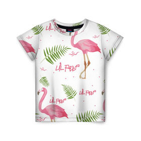 Детская футболка 3D с принтом Lil Peep pink flamingo в Петрозаводске, 100% гипоаллергенный полиэфир | прямой крой, круглый вырез горловины, длина до линии бедер, чуть спущенное плечо, ткань немного тянется | benz truck | girls. pink | gustav hr | hip hop | lil | lil peep | peep | rap | лил | лилпип | листья | пальма | пальмы | пип | розовый | рэп | фламинго | хип хоп | эмо | эмо реп