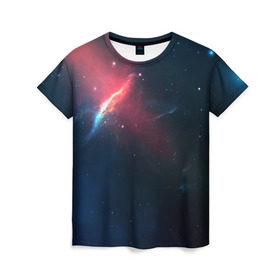 Женская футболка 3D с принтом Космическое сияние в Петрозаводске, 100% полиэфир ( синтетическое хлопкоподобное полотно) | прямой крой, круглый вырез горловины, длина до линии бедер | galaxy | nebula | space | star | абстракция | вселенная | галактика | звезда | звезды | космический | планеты