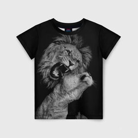 Детская футболка 3D с принтом Лев и львица в Петрозаводске, 100% гипоаллергенный полиэфир | прямой крой, круглый вырез горловины, длина до линии бедер, чуть спущенное плечо, ткань немного тянется | животные | кот | кошка | лев | львица | оскал | природа | рык | рычит | хищник