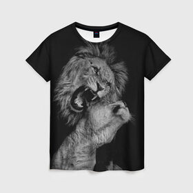 Женская футболка 3D с принтом Лев и львица в Петрозаводске, 100% полиэфир ( синтетическое хлопкоподобное полотно) | прямой крой, круглый вырез горловины, длина до линии бедер | животные | кот | кошка | лев | львица | оскал | природа | рык | рычит | хищник