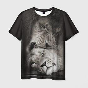 Мужская футболка 3D с принтом Лев и львица в Петрозаводске, 100% полиэфир | прямой крой, круглый вырез горловины, длина до линии бедер | животные | кот | кошка | лев | львица | оскал | природа | рык | рычит | хищник
