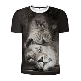 Мужская футболка 3D спортивная с принтом Лев и львица в Петрозаводске, 100% полиэстер с улучшенными характеристиками | приталенный силуэт, круглая горловина, широкие плечи, сужается к линии бедра | животные | кот | кошка | лев | львица | оскал | природа | рык | рычит | хищник