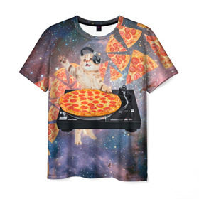 Мужская футболка 3D с принтом Кот Диджей в Петрозаводске, 100% полиэфир | прямой крой, круглый вырез горловины, длина до линии бедер | cat | cosmos | dj | fast | fastfood | food | meme | party | pizza | space | вечеринка | диджей | еда | космос | кошак | кошка | мем | пицца | фастфуд