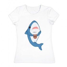 Женская футболка хлопок с принтом Hype Shark в Петрозаводске, 100% хлопок | прямой крой, круглый вырез горловины, длина до линии бедер, слегка спущенное плечо | coffee | cute | hype | kawaii | shark | акула | кофе | милый | море | рыба | хищник