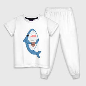 Детская пижама хлопок с принтом Hype Shark в Петрозаводске, 100% хлопок |  брюки и футболка прямого кроя, без карманов, на брюках мягкая резинка на поясе и по низу штанин
 | coffee | cute | hype | kawaii | shark | акула | кофе | милый | море | рыба | хищник