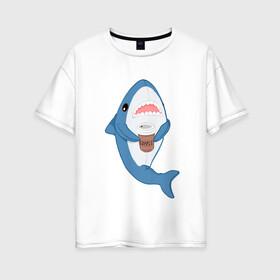 Женская футболка хлопок Oversize с принтом Hype Shark в Петрозаводске, 100% хлопок | свободный крой, круглый ворот, спущенный рукав, длина до линии бедер
 | coffee | cute | hype | kawaii | shark | акула | кофе | милый | море | рыба | хищник