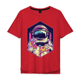 Мужская футболка хлопок Oversize с принтом Космонавт с Едой в Петрозаводске, 100% хлопок | свободный крой, круглый ворот, “спинка” длиннее передней части | астронавт | в космосе | галактика | еда | звезды | космонавт | космос | пицца | пончик