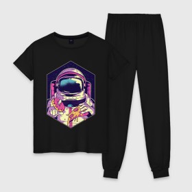 Женская пижама хлопок с принтом Космонавт с Едой в Петрозаводске, 100% хлопок | брюки и футболка прямого кроя, без карманов, на брюках мягкая резинка на поясе и по низу штанин | астронавт | в космосе | галактика | еда | звезды | космонавт | космос | пицца | пончик