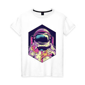 Женская футболка хлопок с принтом Космонавт с Едой в Петрозаводске, 100% хлопок | прямой крой, круглый вырез горловины, длина до линии бедер, слегка спущенное плечо | астронавт | в космосе | галактика | еда | звезды | космонавт | космос | пицца | пончик