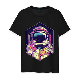 Мужская футболка хлопок с принтом Космонавт с Едой в Петрозаводске, 100% хлопок | прямой крой, круглый вырез горловины, длина до линии бедер, слегка спущенное плечо. | Тематика изображения на принте: астронавт | в космосе | галактика | еда | звезды | космонавт | космос | пицца | пончик