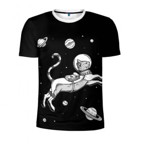 Мужская футболка 3D спортивная с принтом кот в скафандре в Петрозаводске, 100% полиэстер с улучшенными характеристиками | приталенный силуэт, круглая горловина, широкие плечи, сужается к линии бедра | space | астронавт | галактика | звезды | космонавт | космос | кот | планеты | скафандр