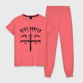 Женская пижама хлопок с принтом Devil hunter в Петрозаводске, 100% хлопок | брюки и футболка прямого кроя, без карманов, на брюках мягкая резинка на поясе и по низу штанин | 