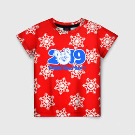 Детская футболка 3D с принтом HAPPY NEW YEAR 2019 в Петрозаводске, 100% гипоаллергенный полиэфир | прямой крой, круглый вырез горловины, длина до линии бедер, чуть спущенное плечо, ткань немного тянется | christmas | new year | pig | snow | год свиньи | ёлка | зима | кабан | каникулы | новогодний паттерн | новый год | праздник | рождество | свинья | снег | снежинки