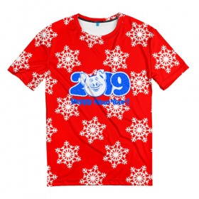 Мужская футболка 3D с принтом HAPPY NEW YEAR 2019 в Петрозаводске, 100% полиэфир | прямой крой, круглый вырез горловины, длина до линии бедер | christmas | new year | pig | snow | год свиньи | ёлка | зима | кабан | каникулы | новогодний паттерн | новый год | праздник | рождество | свинья | снег | снежинки