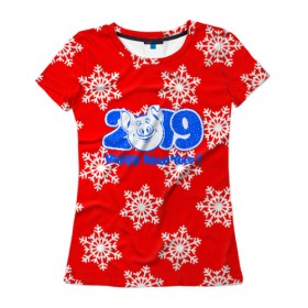 Женская футболка 3D с принтом HAPPY NEW YEAR 2019 в Петрозаводске, 100% полиэфир ( синтетическое хлопкоподобное полотно) | прямой крой, круглый вырез горловины, длина до линии бедер | christmas | new year | pig | snow | год свиньи | ёлка | зима | кабан | каникулы | новогодний паттерн | новый год | праздник | рождество | свинья | снег | снежинки